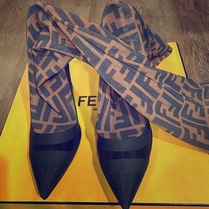 Fendi New Black Brown Logo Print Sock Heel Pump